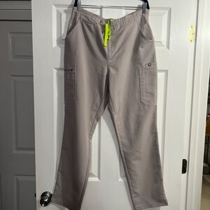 Figs Women's Taupe Cargo Scrub Pants with Neon Yellow Drawstring color slate